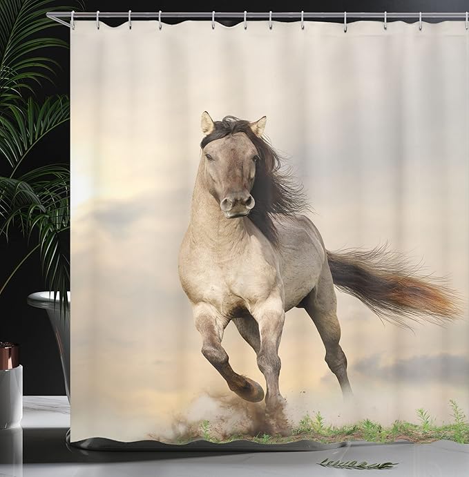 Ambesonne Horses Shower Curtain, Wild Young Stallion Horse Running at Sunset Male Power Muscular Physique Nobility Photo, Cloth Fabric Bathroom Decor Set with Hooks, 69" W x 84" L, Beige