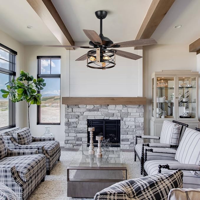52 Inch Ceiling Fans with Lights & Remote Control, Farmhouse Caged Ceiling Fans 3 Speeds Adjustable, Reversible Motor with Timer Function, Outdoor Ceiling Fan for Living Room, Bedroom