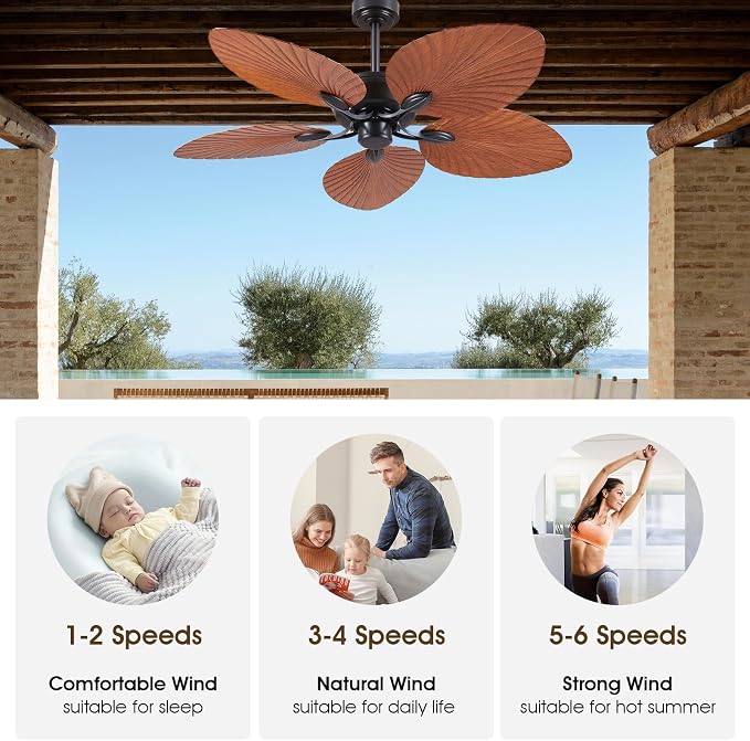 52 Inch Waterproof Outdoor Palm Leaf Ceiling Fans without Lights and Remote | IP44 Wet-rated,6 Wind Speeds, Reversible, 40W Quiet DC Motor,1/4/8H Timer,Suit for Patios Porch Gazebo Pergola