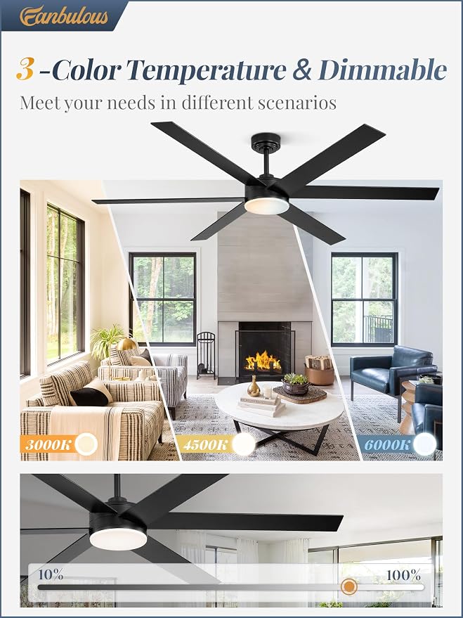 Fanbulous 66 Inch Ceiling Fans with Lights and Remote, Reversible 6 Blades, Dimmable, 3000K-6000K Adjustable, Outdoor Ceiling Fans for Patios, Large Ceiling Fan for Indoor or Covered Outdoor, Black