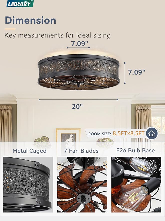 LEDIARY 20" Caged Ceiling Fans with Lights,Low Profile Flush Mount Enclosed Bladeless Farmhouse Ceiling Fan with Light and Remote,Black Vintage Victorian Rustic Fandelier for Bedroom,Kitchen,Indoor