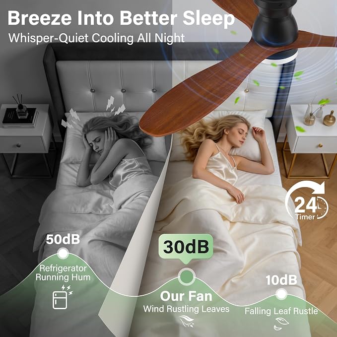 52" Wood Ceiling Fans with Lights Remote,Smart Control via Alexa APP,Quiet DC Motor,Flush Mount Ceiling Fan for Low Profile Living Room,Patio,Indoor Outdoor,Black&Walnut Brown,3 Blade,6 Speed,Dim LED