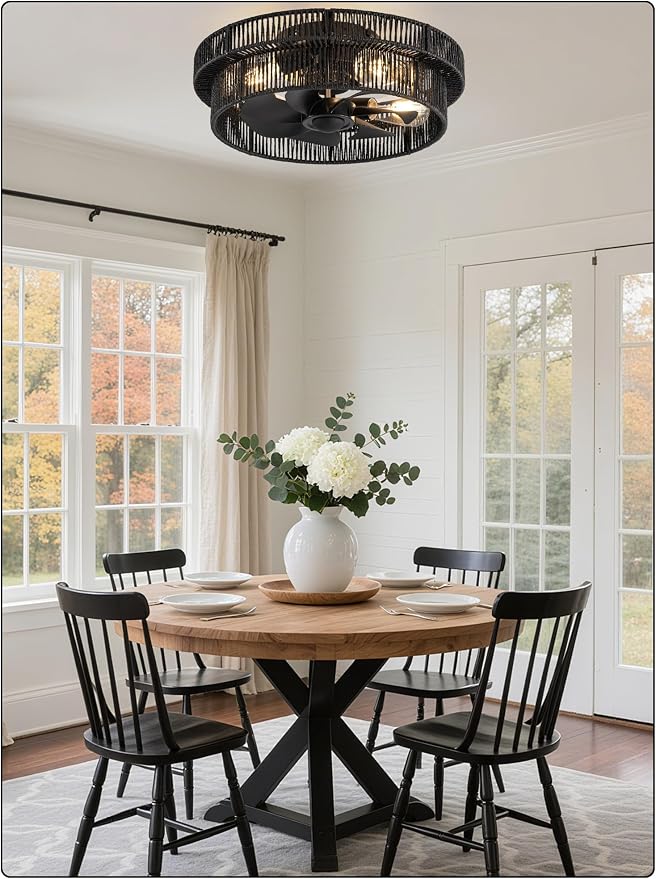 Handwoven Boho Ceiling Fans with Lights Flush Mount,Rattan Farmhouse Caged Fandelier Low Profile Enclosed Chandelier Fan with 6 Speeds for Bedroom,Nursery,Dining Room(Black)