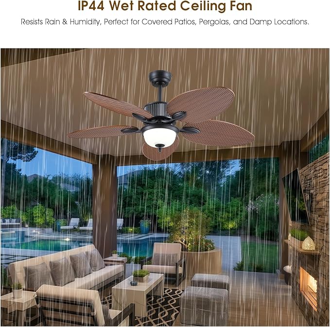 Wiviniya 50 Inch Tropical Ceiling Fans with Lights, Palm Leaf Waterproof Outdoor Ceiling Fan for Patios Porch, Remote/APP Control, Wet Rated, Glass Lampshade, Quiet DC Motor, Dimmable LED, Brown