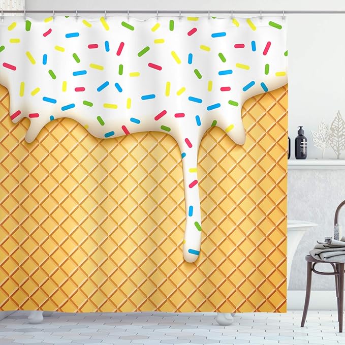 Ambesonne Food Shower Curtain, Cartoon Like Image of and Melting Ice Cream Cones Colored Sprinkles Print, Cloth Fabric Bathroom Decor Set with Hooks, 69" W x 70" L, Multicolor Mustard