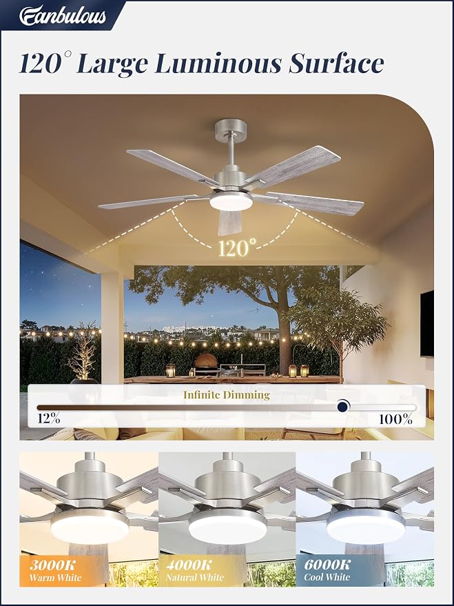 52 Inch Ceiling Fan with Light and Remote, 6 Speeds Reversible DC Motor Ceiling Fans for Bedroom Living Room Patio, 3CCT Dimmable LED, 5 Wood Blades, Downrod Mount, Sloped Ceiling Compatible