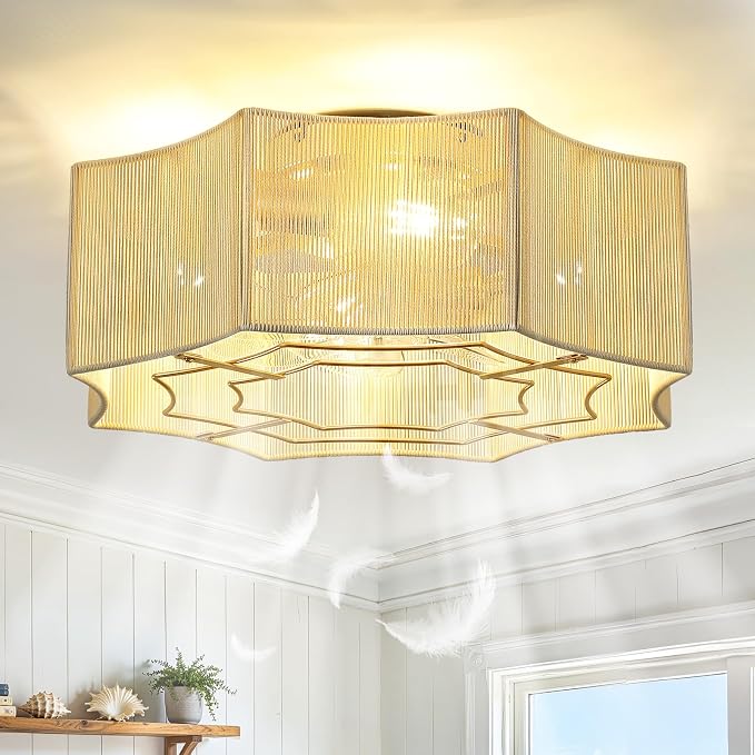 Boho Ceiling Fan with Light, 20'' Flush Mount Caged Ceiling Fan with Light Remote Control, Cotton Rope Low Profile Fandelier with 6 Speeds for Bedroom, Living Room