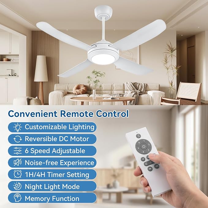 48" Ceiling Fans with Lights,Low Profile Ceiling Fan with Lights and Remote Control,Smart Ceiling Fan,Noiseless Reversible DC Motor,4 Blade White Ceiling Fans,Ceiling Fan for Indoor/Outdoor