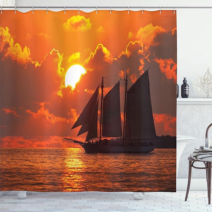 Ambesonne Sailboat Shower Curtain, Boat Sailing in Front of Sunset in Key West FloridSundown Tropical, Cloth Fabric Bathroom Decor Set with Hooks, 69" W x 75" L, Orange Dark Orange