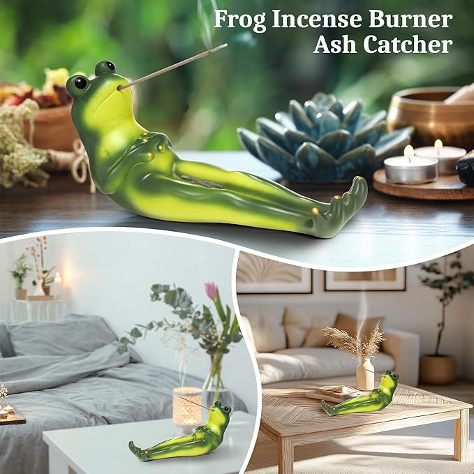 Frog Incense Stick Holder, Green Frog Incense Burner with 30 Sandalwood Sticks, Ash Catcher Stand Gift for Aromatherapy, Yoga, Relaxing Meditation, Home Living Room Office Decor