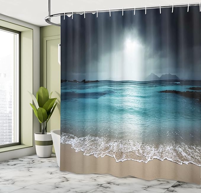 Ambesonne Tropical Shower Curtain, Storm Sky on The Beach of La Dugue Island Seychelles Dramatic Scene, Cloth Fabric Bathroom Decor Set with Hooks, 69" W x 75" L, Blue Petrol
