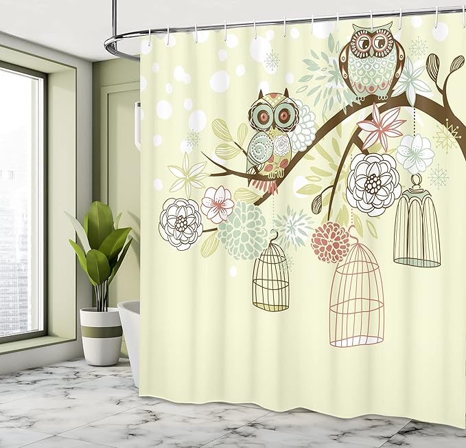 Ambesonne Owls Shower Curtain, Winter Floral Background with Blossoms and Owls Out of Their Cages a Birdcage for a Freedom Symbolism, Cloth Fabric Bathroom Set with Hooks, 69" W x 75" L, Green Brown