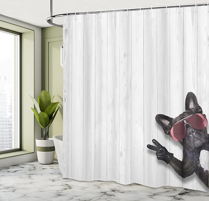 Ambesonne Animal Shower Curtain, Cool Husky Dog with Sunglasses Making Peace Sign with Its Paws Art Print, Cloth Fabric Bathroom Decor Set with Hooks, 69" W x 75" L, Pale Grey Black