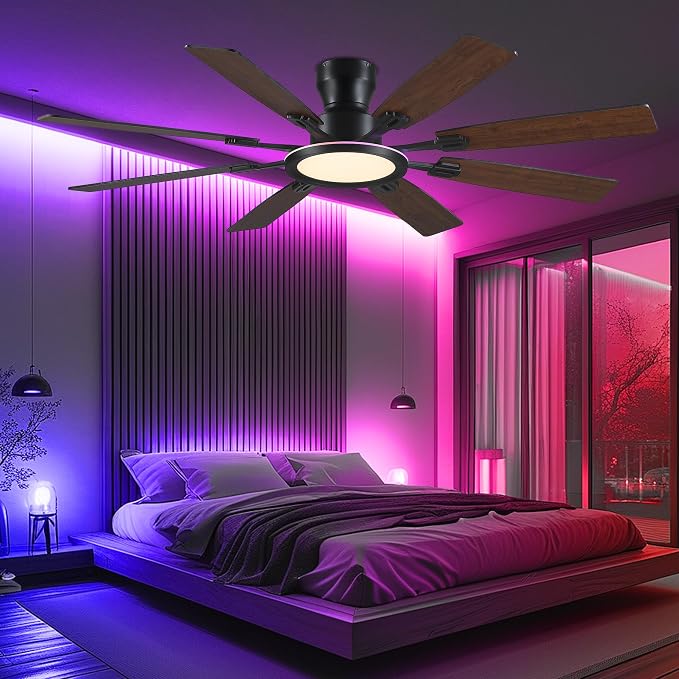 Ayaoty Ceiling Fans with Lights -60in Flush Mount Ceiling Fan with RGB Dimmable, 3CCT 6 Wind Speeds and Reversible Quiet Motor, Low Profile RGB Fan Light for Modern Indoor, Party - Brown