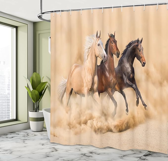 Ambesonne Horses Shower Curtain, 3 Horse Running in Desert Storm Mythical Mystic Messenger Animals Habitat Print, Cloth Fabric Bathroom Decor Set with Hooks, 69" W x 75" L, Brown Cream