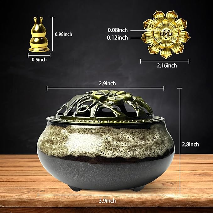 Ceramic Incense Burner, Bowl Burner,Cone Incense Burner with Brass lid for use with Stick or Cone-Shaped Incense，Lotus Incense Stick Holder Calabash Incense Stick Holder, 3pc (Fambe White)