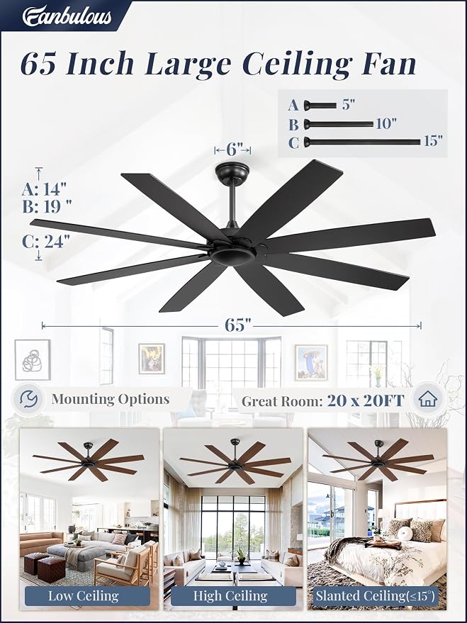 Fanbulous 65 inch Indoor/Outdoor Ceiling Fan No Light，Quiet DC Motor Fan Reversible 6-Speeds, 8 Blades Ceiling Fans with remote for Bedroom Low Profile Ceiling Fan for Living Room for Patio(Black)