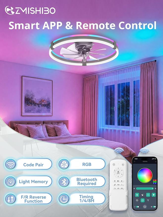 ZMISHIBO RGB Ceiling Fans with Lights and Remote, 23 inch Low Profile Ceiling Fan with Light, 3000K-6000K Dimmable & RGB, Modern Fandelier Flush Mount Ceiling Fan, Small LED Fan for Bedroom,Grey