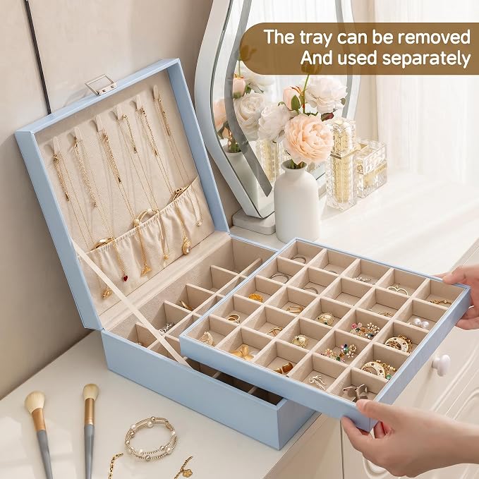 Frebeauty 50 Grid Earring Holder Organizer,2 Layer Jewelry Box for Women | Faux Leather,Velvet Lining,Adjustable Divider,Jewelry Organizer for Ring Necklace and Bracelet,for Home Use and Jewelry Store