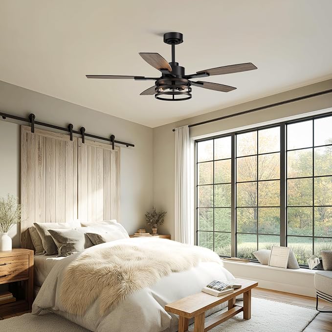 52-Inch Retro Black Downrod Curved Tube Ring-Style Iron Cage Ceiling Fan with Light Industrial Energy-Saving Quiet Strong Airflow for Living Room Bedroom