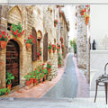 Ambesonne Tuscan Shower Curtain, Porch with Colorful Flowers at an Old Street in Town in Italy in Sunny Day, Cloth Fabric Bathroom Decor Set with Hooks, 69" W x 75" L, Vermilion Brown