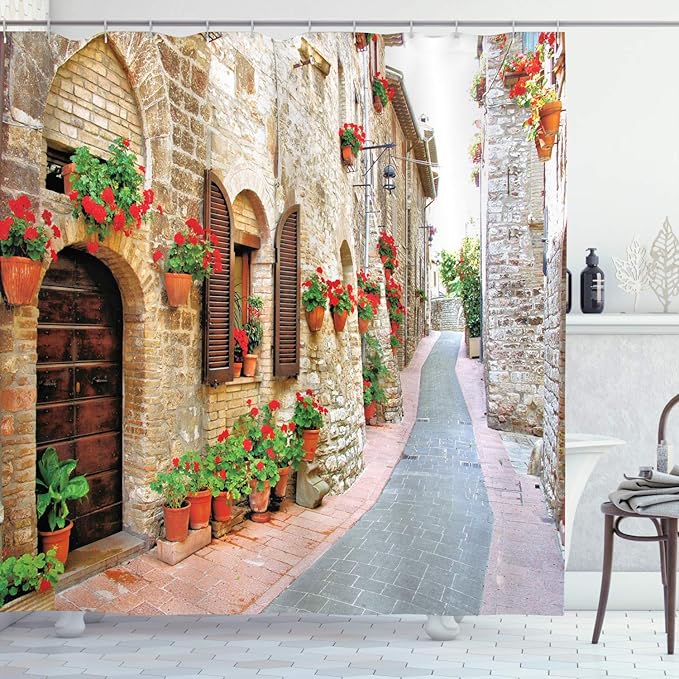 Ambesonne Tuscan Shower Curtain, Porch with Colorful Flowers at an Old Street in Town in Italy in Sunny Day, Cloth Fabric Bathroom Decor Set with Hooks, 69" W x 75" L, Vermilion Brown