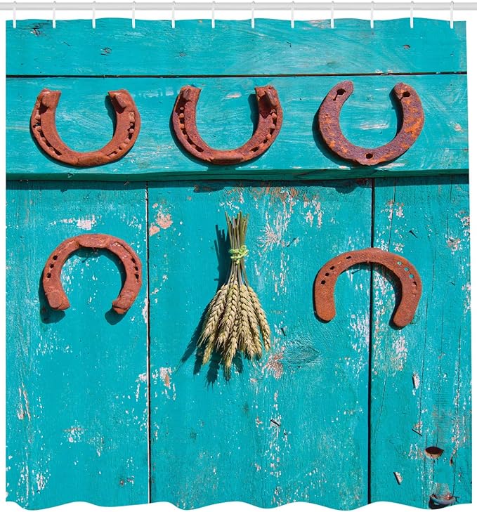 Ambesonne Western Shower Curtain, 5 Antique Rusty Luck Horseshoe and Wheat Ears Bunch Picture, Cloth Fabric Bathroom Decor Set with Hooks, 69" W x 75" L, Turquoise and Brown