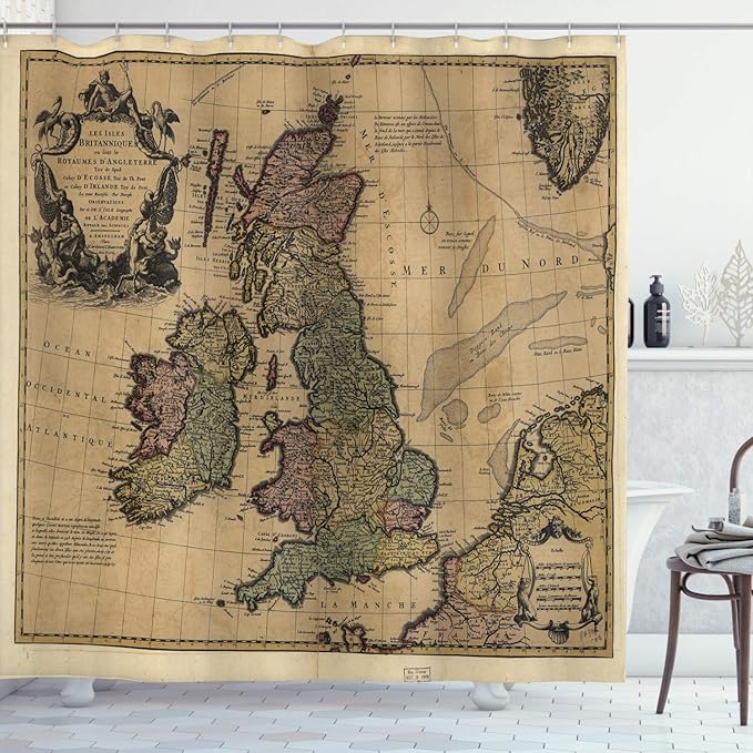 Ambesonne Scenery Shower Curtain, British Islands Scotland England European History Britain Grungy Art, Cloth Fabric Bathroom Decor Set with Hooks, 69" W x 75" L, Pale Brown Green and Pink