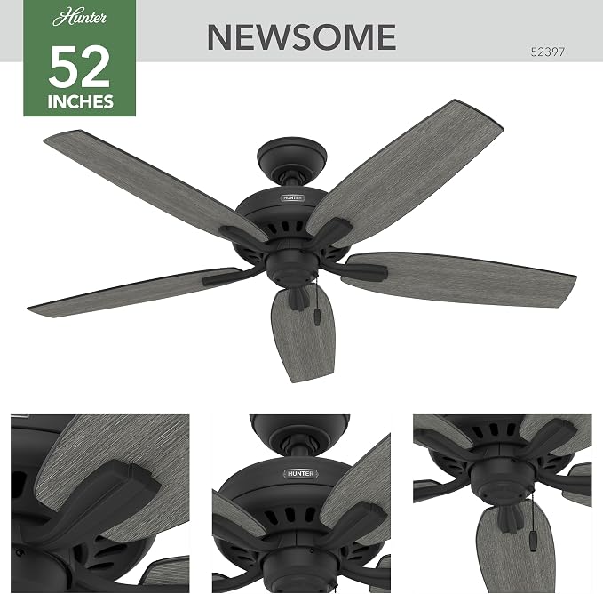 Hunter Newsome, Indoor, Ceiling Fan, No Light, Quiet, 52 inch, Matte Black