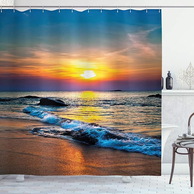 Ambesonne Tropical Shower Curtain, Colorful Last Sun Rays of The Day Over The Sea Waves Reflections Tropics, Cloth Fabric Bathroom Decor Set with Hooks, 69" W x 75" L, Umber Orange