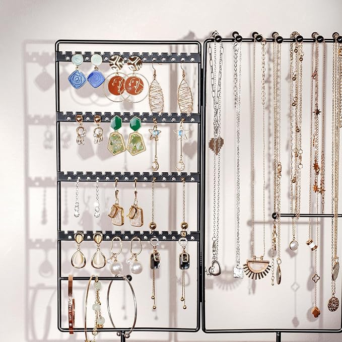 ProCase Jewelry Organizer Stand Earring Holder Organizer, 6 Tiers Earring Organizer Tree Necklace Rack Jewellery Tower Bracelets Holder Storage with Removable Wooden Ring Tray for Women Girls -Black