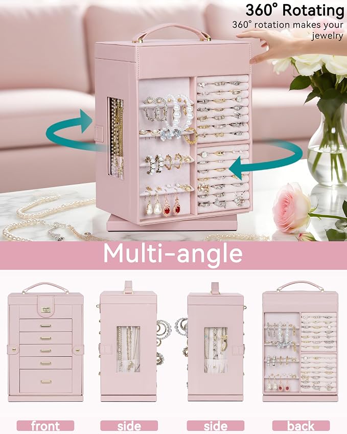 AKOZLIN 6-Tier Jewelry Box Organizer Functional 5 Drawers Leather Jewelry Storage Case for Women Girls Ring Necklace Earring Bracelet Holder Organizer with Mirror Pink 360° Rotating