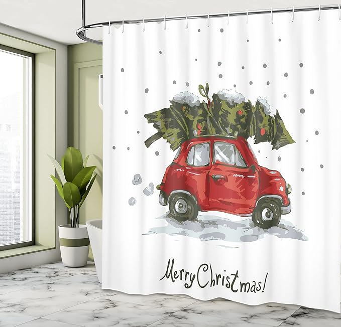 Ambesonne Christmas Shower Curtain, Retro Style Car Xmas Tree Vintage Family Illustration Snowy Winter Art, Cloth Fabric for Bath Decor Bathroom Decor Set with Hooks, 69" W x 75" L, Green Vermilion