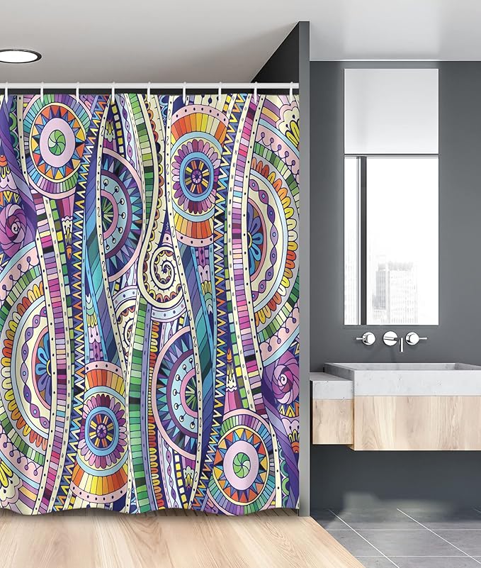 Ambesonne Floral Stall Shower Curtain, Geometric Mosaic Style Colorful Illustration Flower Pattern Ornamental Doodle Art, Fabric Bathroom Decor Set with Hooks, 54" W x 78" L, Purple Green