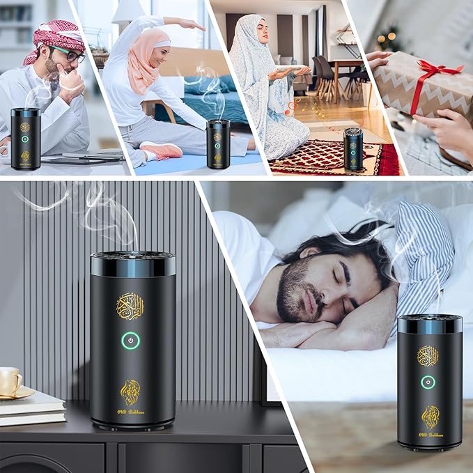 2 in 1 Electric Incense Burner with Quran Speaker, Rechargeble Bakhoor Burner Aroma Diffuser for Car Office Home Bedroom Living Room Study Spa (Black-1)