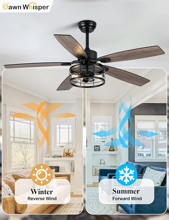 Dawn Whisper 52 Inch Farmhouse Ceiling Fans with Lights and Remote Quiet and Reversible DC Motor Black Industrial Rustic Caged Ceiling Fan for Bedroom Living Room Covered Patio