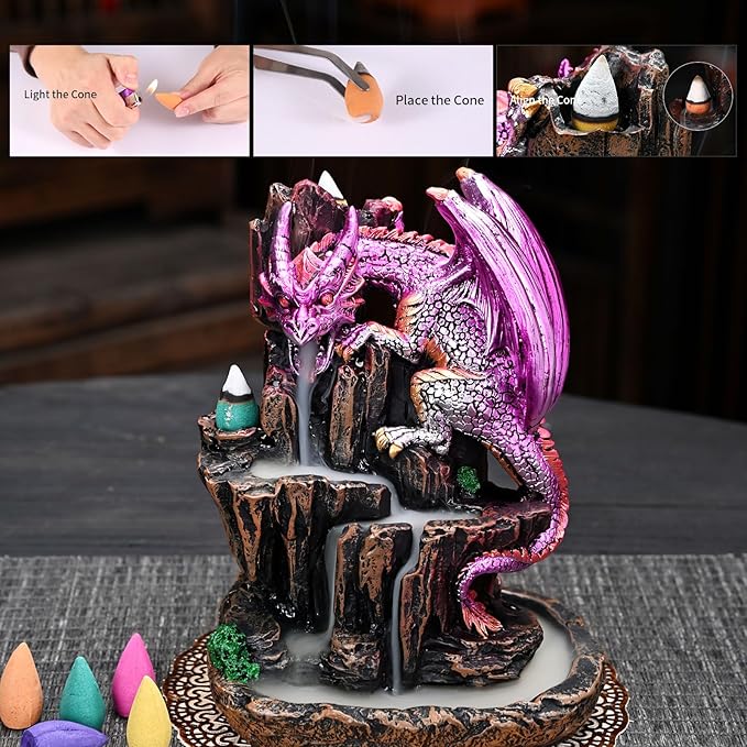 Dragon Backflow 2 Sided Mountain Waterfall Incense Burner,Fountain Smoke Incense Holder with Backflow Incense Cones, Tweezers, Mat，Resin Aromatherapy Meditationvaiuk (Purple)