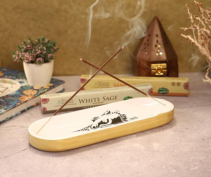 Bless-International Traditional-Handmade-Tray-Burner Wooden-Trat-Incense-Stick-Holder Ash-Catcher-Stand for-Aromatherapy-Meditation-Yoga (Black & White Buddha, 11x4x1.22 Inches)