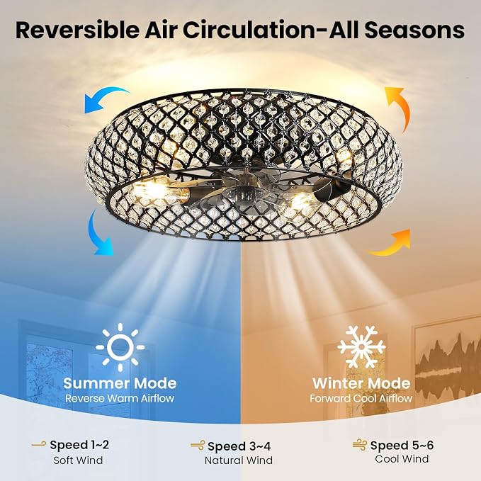 Crystal Caged Ceiling Fan Light: 20" Low Profile Fandelier Ceiling Fan Lights with Remote/Reversible 6 Speeds/Timer, Bladeless Flush Mount Chandelier Ventilador de Techo for Bedroom Living Room