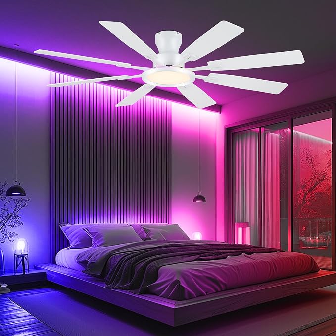 Ayaoty Ceiling Fans with Lights - 60in Flush Mount Ceiling Fan with RGB Dimmable, 3CCT 6 Wind Speeds and Reversible Quiet Motor, Low Profile RGB Fan Light for Modern Indoor, Party - White