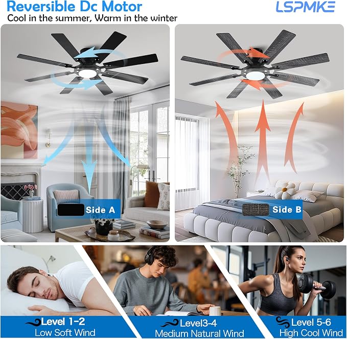 Ceiling Fans with Lights, 54 inch Low Profile Ceiling Fan with Light and Remote Control, Flush Mount Ceiling Fan for Bedroom, Living Room, Reversible, 3CCT, Dimmable, Noiseless DC Motor, Black