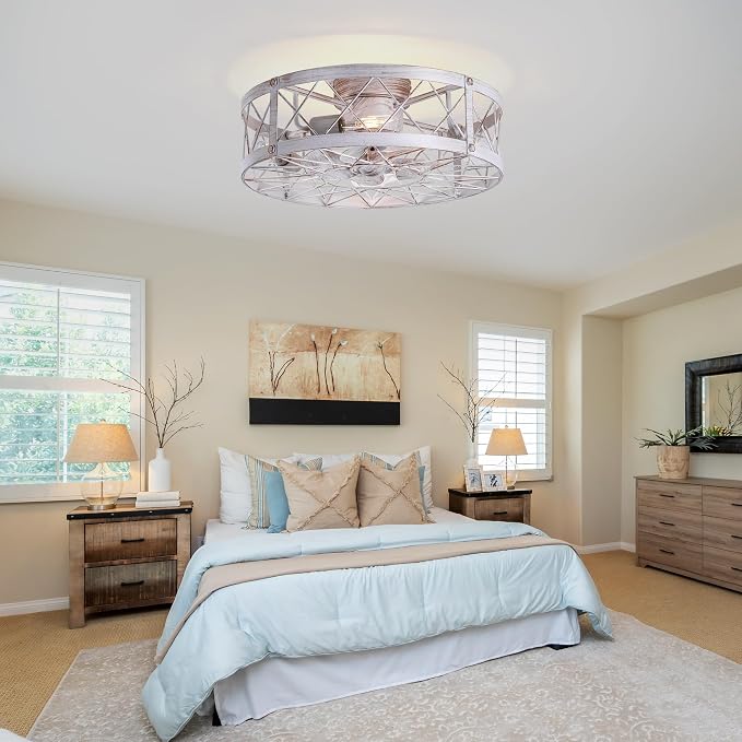 Flush Mount White Caged Ceiling Fan with Light, 20" Small Bladeless Ceiling Fan and Remote, Rustic Low Profile Ceiling Fans 4-Speed Reversible Enclosed Ceiling Fans for Bedroom Kitchen Farmhouse