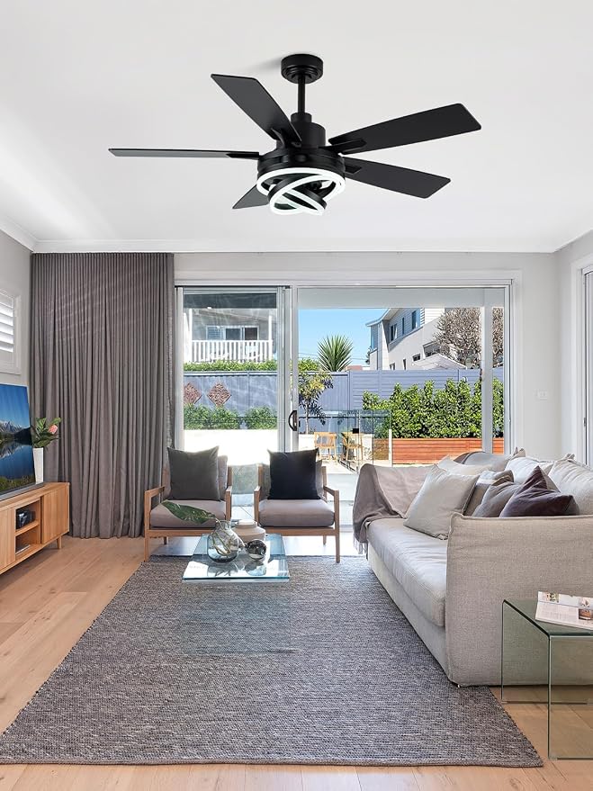 Bella Depot 52" Modern Black Ceiling Fan with Light and Remote, Chandelier Fan Light for Living Room Bedroom Office Indoor Patio