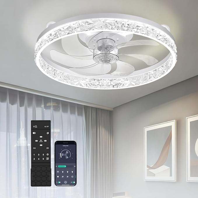 20'' Low Profile Ceiling Fan with Light and Remote, Diamond White | Flush Mount 7-Blade Fandelier with App Control, 3CCT Dimmable, Reversible DC Motor, 6 Speeds Ceiling Fan for Bedroom