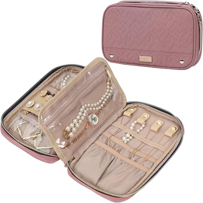 NISHEL Travel Jewelry Case Organizer, Tangle-Free Necklace Storage Bag | Stores rings, earrings, bracelets and watches in a compact case for travel and daily use, Rosewood-Pink, Medium