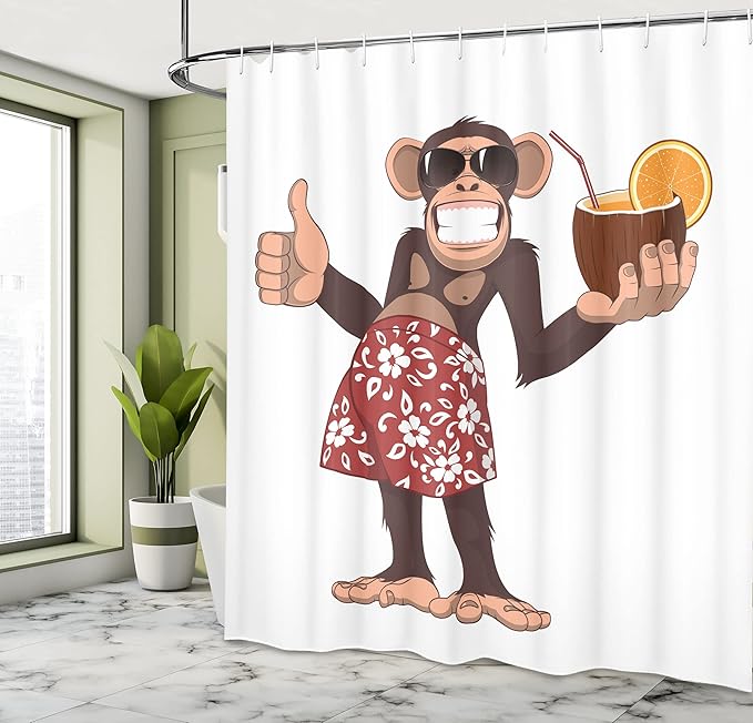 Ambesonne Cartoon Shower Curtain, Happy Chimpanzee Holding a Cocktail and Smiling Piggle Ape Cheerful Comic Art, Cloth Fabric Bathroom Decor Set with Hooks, 69" W x 75" L, Brown Ruby