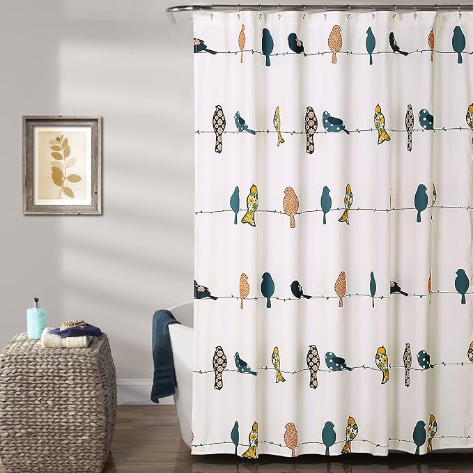 Lush Decor Rowley Birds Shower Curtain, 72” W x 72” L, Multi - Colorful Floral Bird Pattern - Whimsical & Playful Bird Shower Curtain - Farmhouse, Coastal, & Boho Bathroom Decor