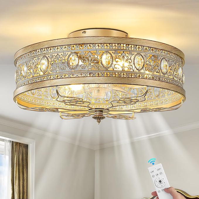 Gold Caged Ceiling Fan with Lights 19 Inch Vintage Crystal Fandelier Enclosed Bladeless Ceiling Fan with Remote Flush Mount Low Profile Ceiling Fan for Bedroom Living Room Kitchen