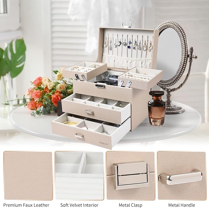 Dajasan Jewelry Organizer Box, Large Jewelry Boxes for Women Girls, Space-Saving 4 Layers Jewelry Storage Case with Drawer, Movable Metal Stand, Modern, Gift Idea (Champagne + Silver)
