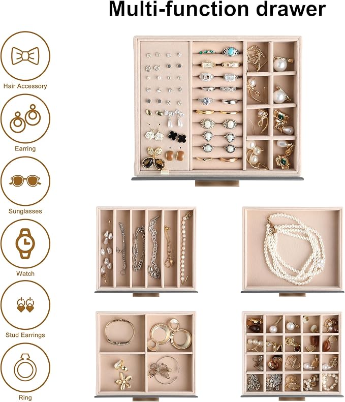 Frebeauty Jewelry Box for Women,Clear Lid Jewelry Organizer with 5 Drawers | Faux Leather,Velvet Lining,5-Layer Large Capacity,Jewelry Storage for Rings Earrings,Dustproof Design,Golden Stylish Handle